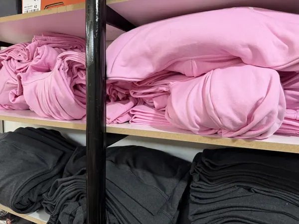 Buzos rosa y negros doblados en la estantería del taller