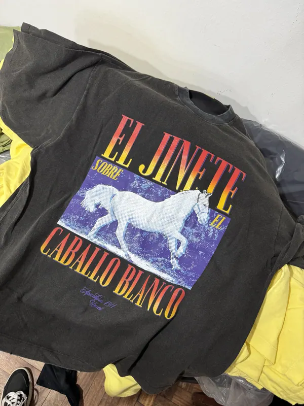 Remera lavada con estampa a color de un caballo blanco, merch para iglesia